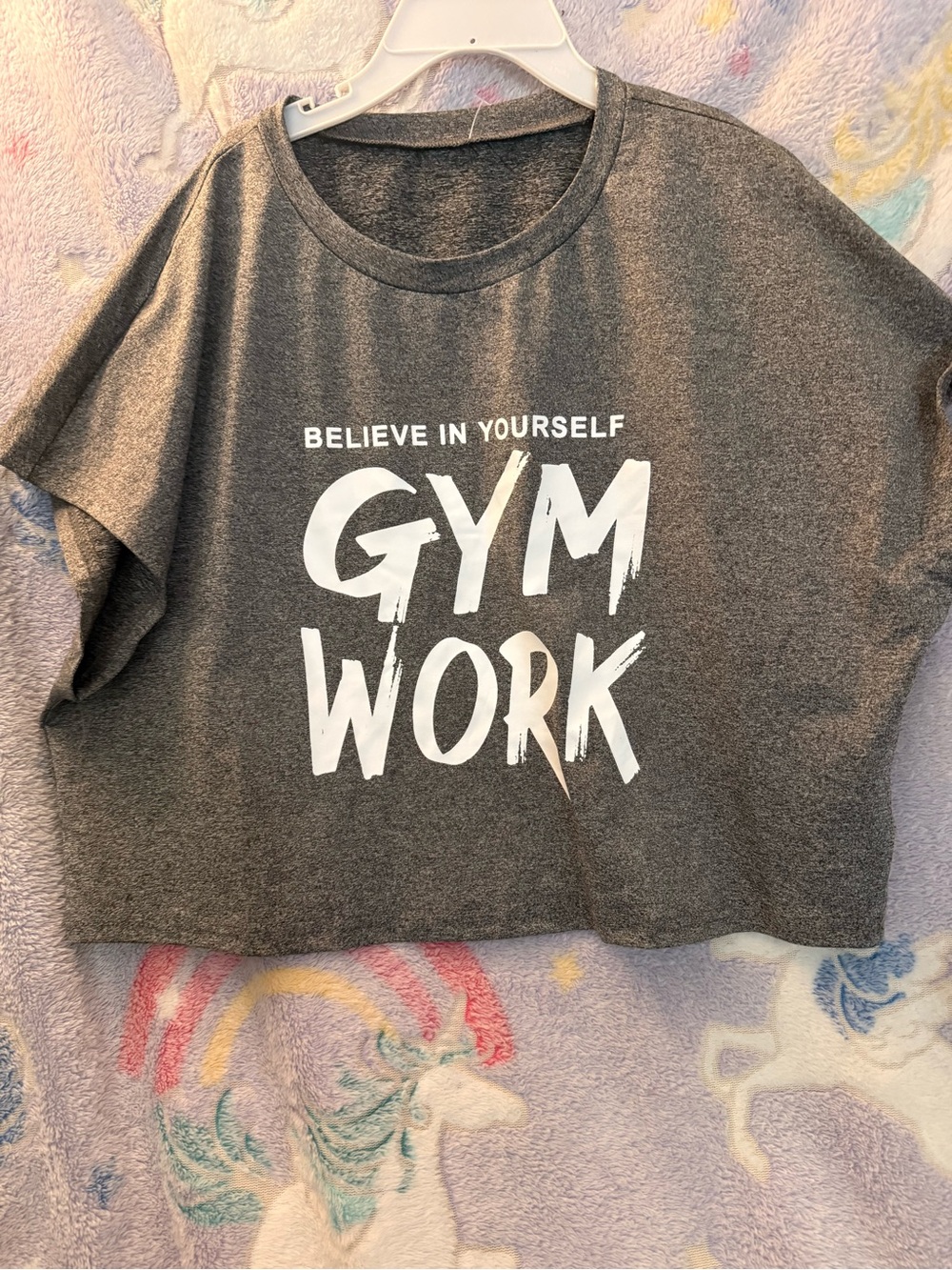 SHEIN Gray 'Believe in Yourself GYM WORK' Cropped Tee
